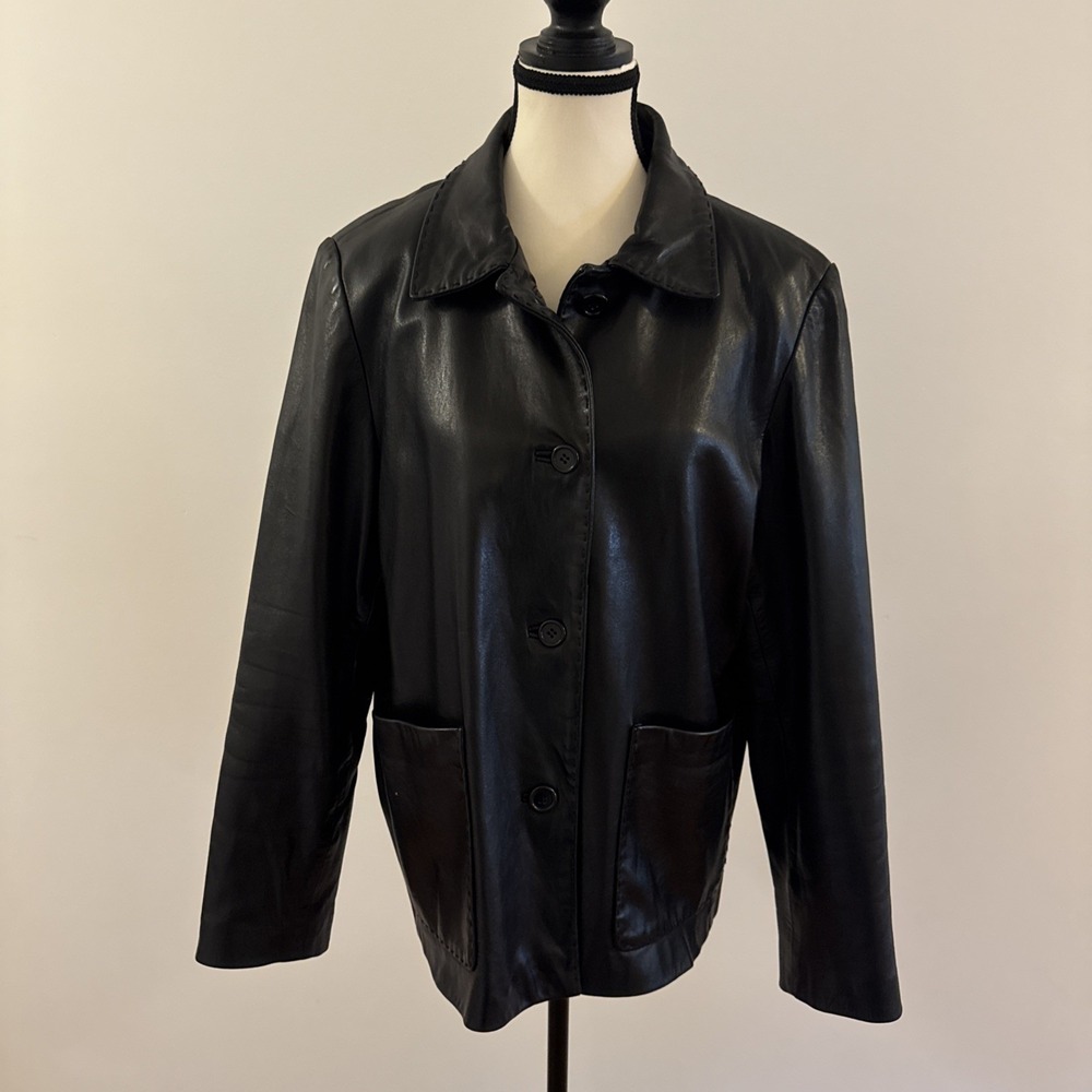 VTG Ellen Tracy Nordstrom's Leather Jacket Size Large Black Zip Vintage 80's 90'